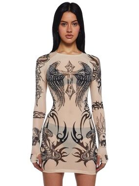 Current Mood Beige Long Sleeve Mini Dress with Black Graphic Print